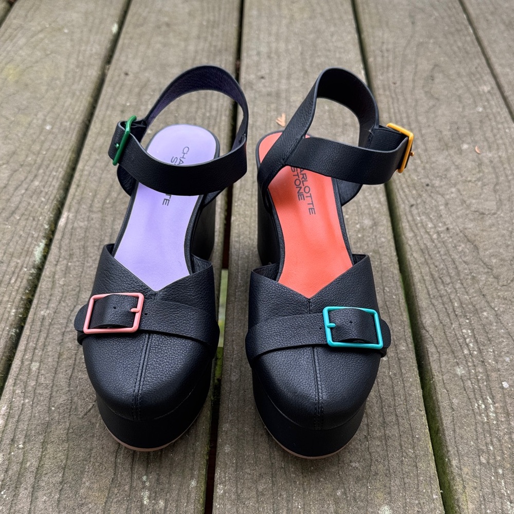 Charlotte Stone Platform Clogs Sz 7 Black Colorful NWOT